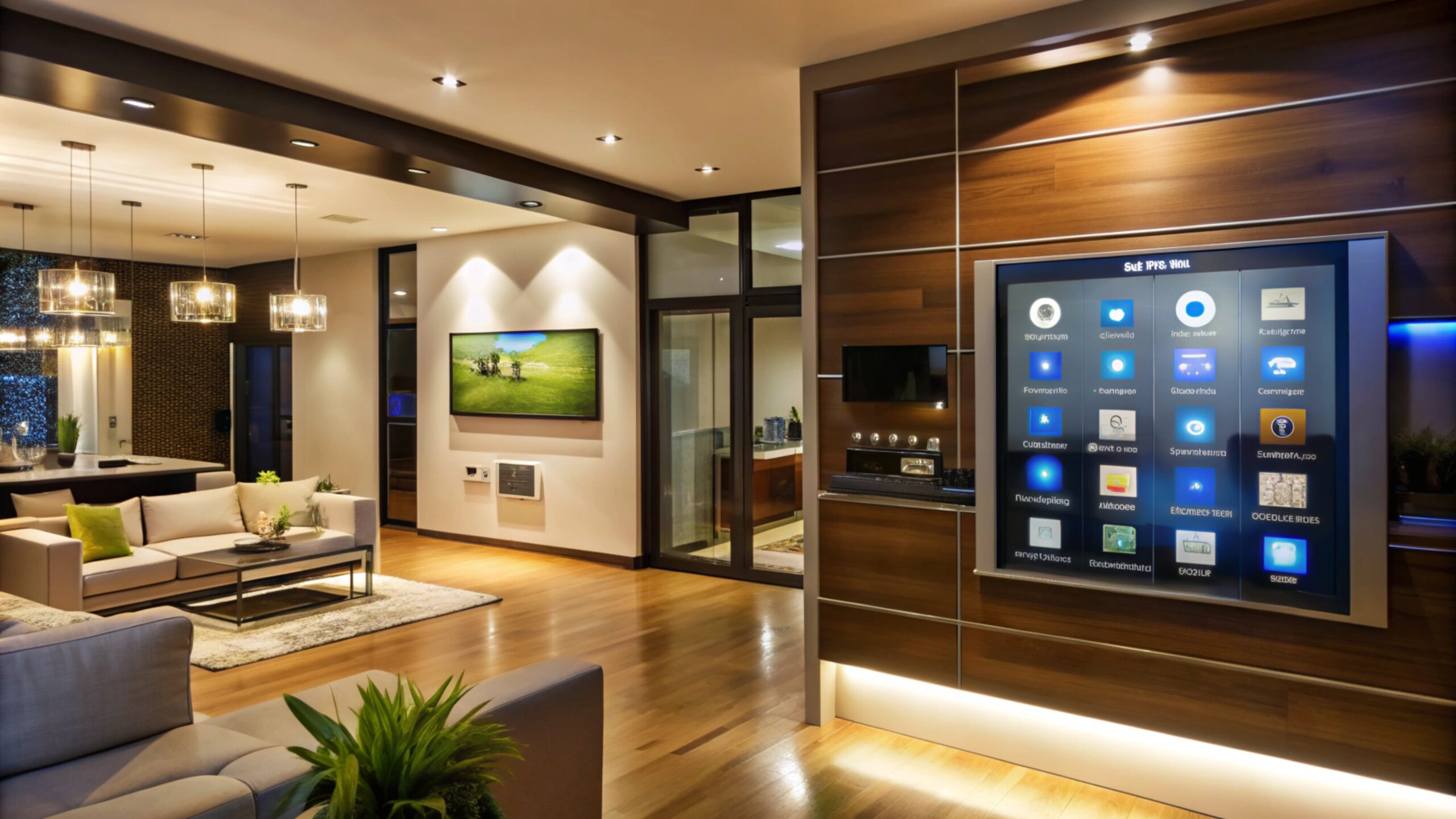 Modern living room with smart home technology.